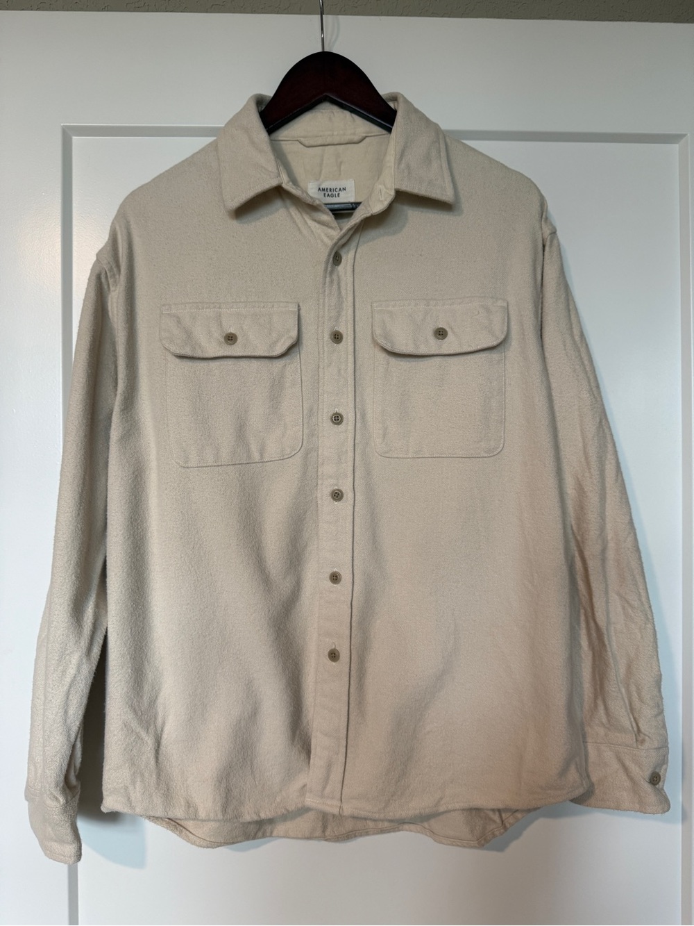 American Eagle Outfitters Cream Button-Front Fleece Shirt Jacket